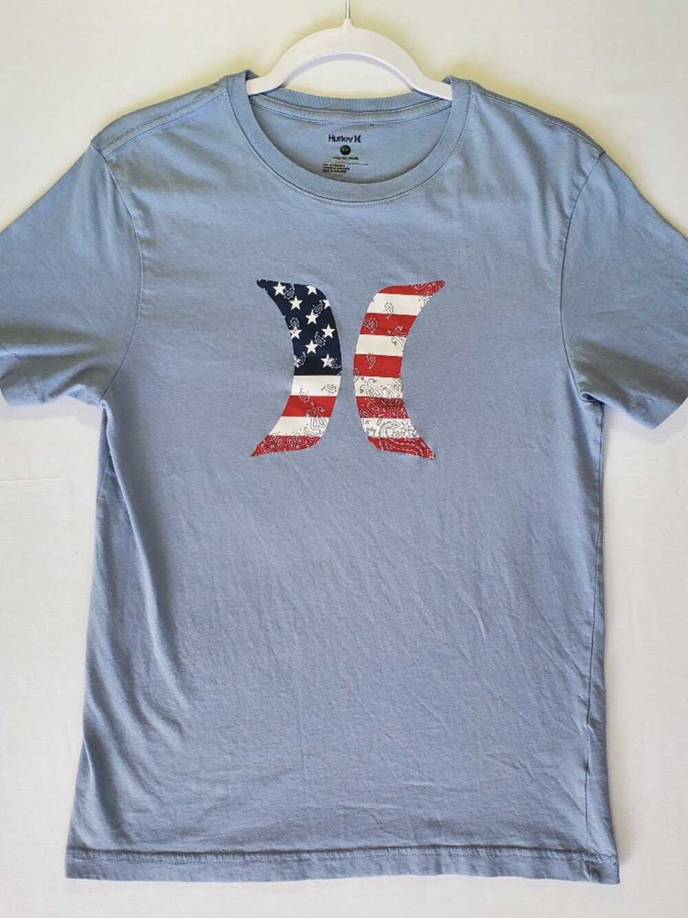MENS Hurley American Icon Short Sleeve T-shirt Light Blue Size SMALL Patriotic